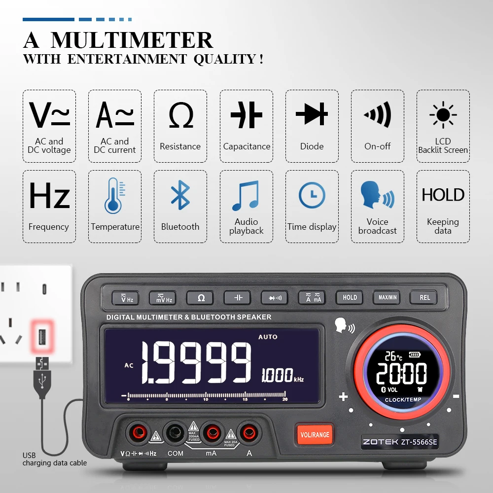 ZOYI ZT-5566SE Bench Voice Multimeter Bluetooth Tester 19999 Counts Profesional Digital True Rms Autorange Transistor Tool Meter