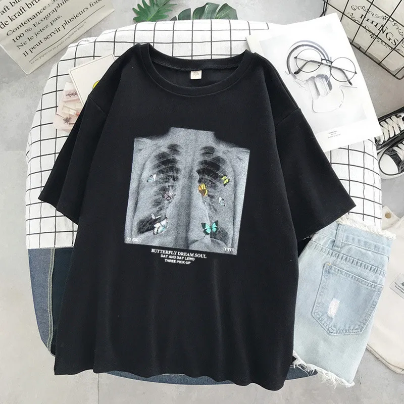 Oversized T-shirt Women Dark Skull Bones Heart and Lung Print T-shirt Funny Harajuku Summer Short Sleeve Streetwear Tee Tops cute summer crop tops Tees