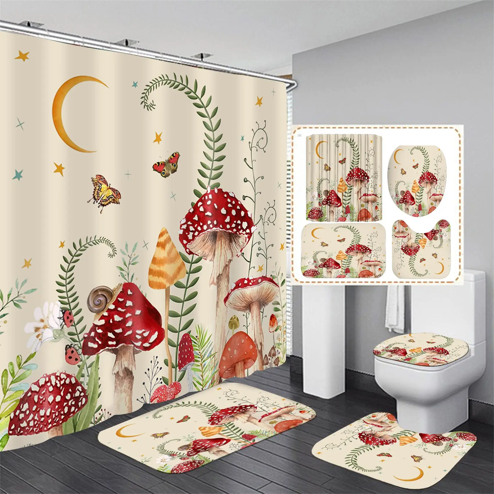 

Mushroom Butterfly Flower Shower Curtain Set Non-Slip Rugs Toilet Lid Cover Bath Mat Moon Stars Waterproof Retro Bathroom Set