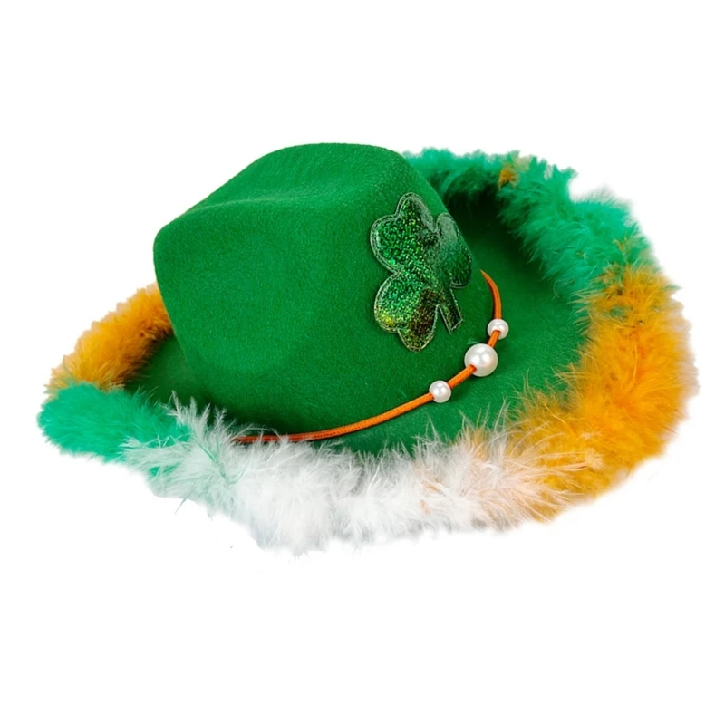 

652F Saint Patricks Hat Irish Hat Hat Feathered Brim Saint Patricks Day Costume Sparkly Irish with Glitter