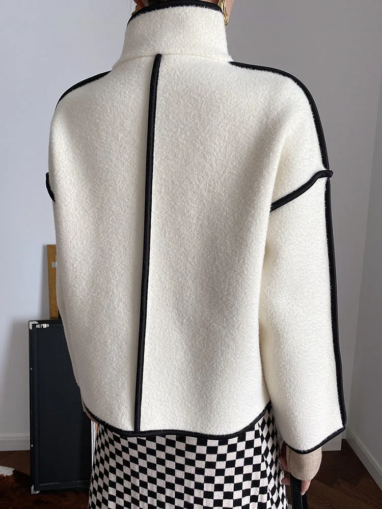 

Long Sleeve Single Breasted Coat Vintage Autumn Tops Coats Wool Contrast Suede Patchwork Jacket Women Stand Collar Blends