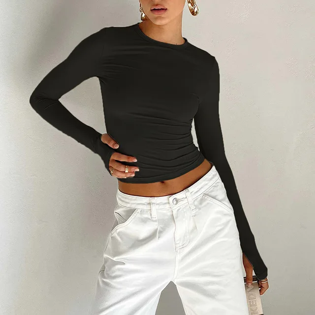 Fashion Women T-shirt Long Sleeve Crew Neck Solid Slim Fit Ladies Crop Top with Thumb Holes for Daily Streetwear Summer Camis 5