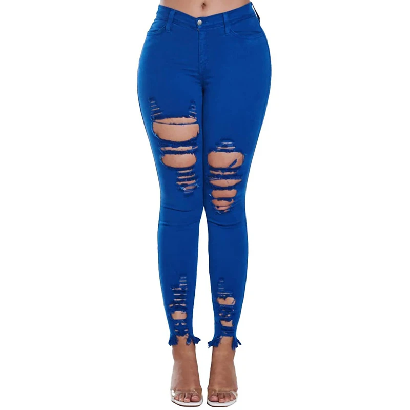 Women's Slim-fitting Petite Pants Women's Stretch Large Size Leggings Women's Retro Ripped Denim Long Pants Women's