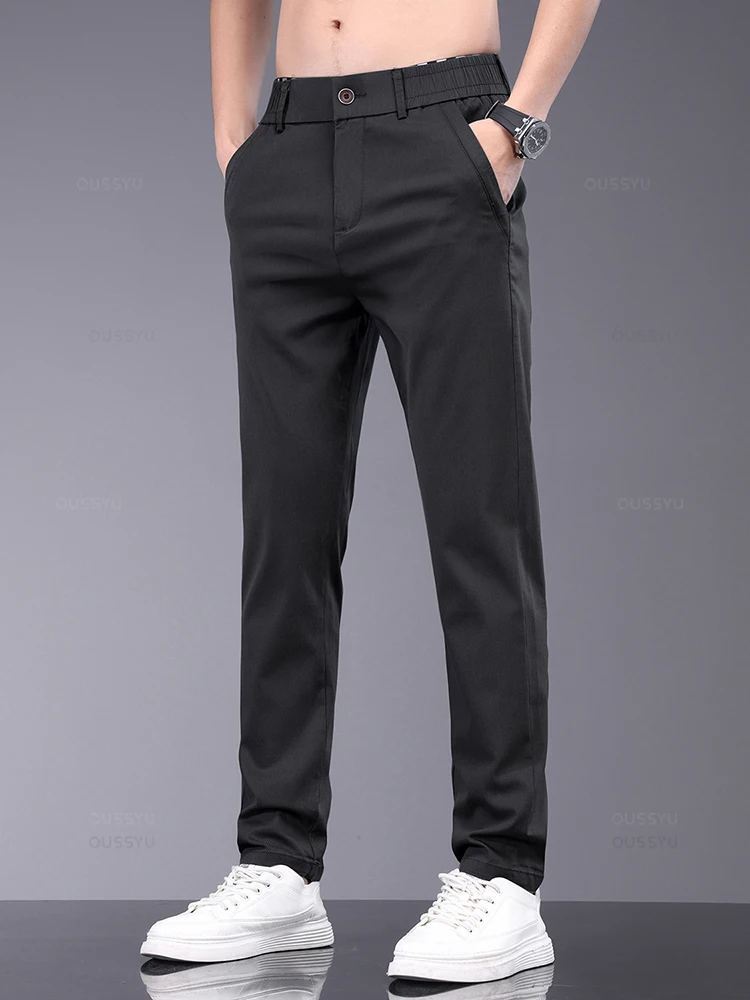 Brand Clothing Summer Soft Stretch Bamboo Fiber Fabric Men's Casual Pants Thin Slim Elastic Waist Business Grey Trousers Male 38
