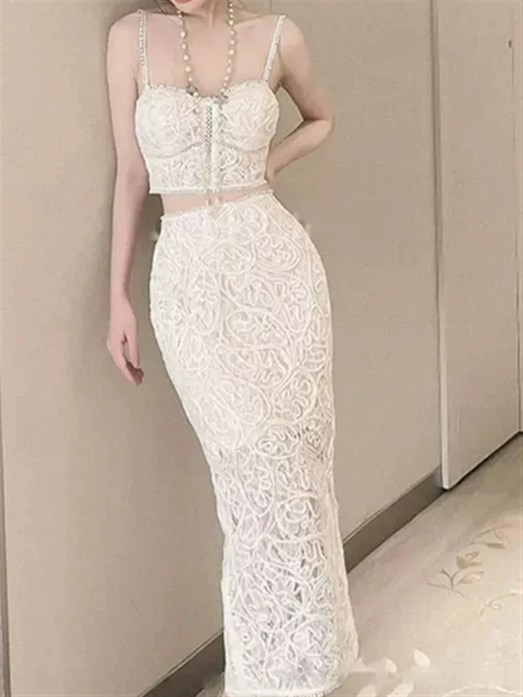 

Woman Two Piece Set Women Clothes Skirt Sets 2023 Summer Solid Elegant Spaghetti Strap Top Sleeveless + High Waist Skirt Femme
