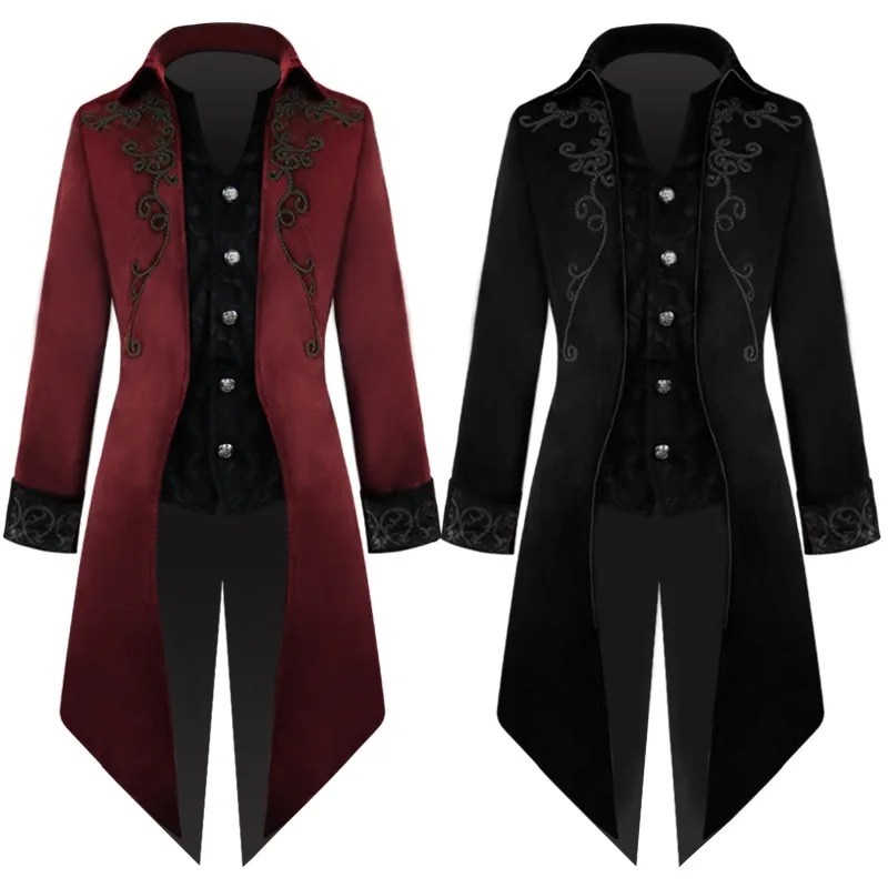 Men's Steampunk Gothic Jacket Long Sleeve Corduroy Button Vintage Victorian Tailcoat Tuxedo Uniform Party Halloween Trenchs Coat