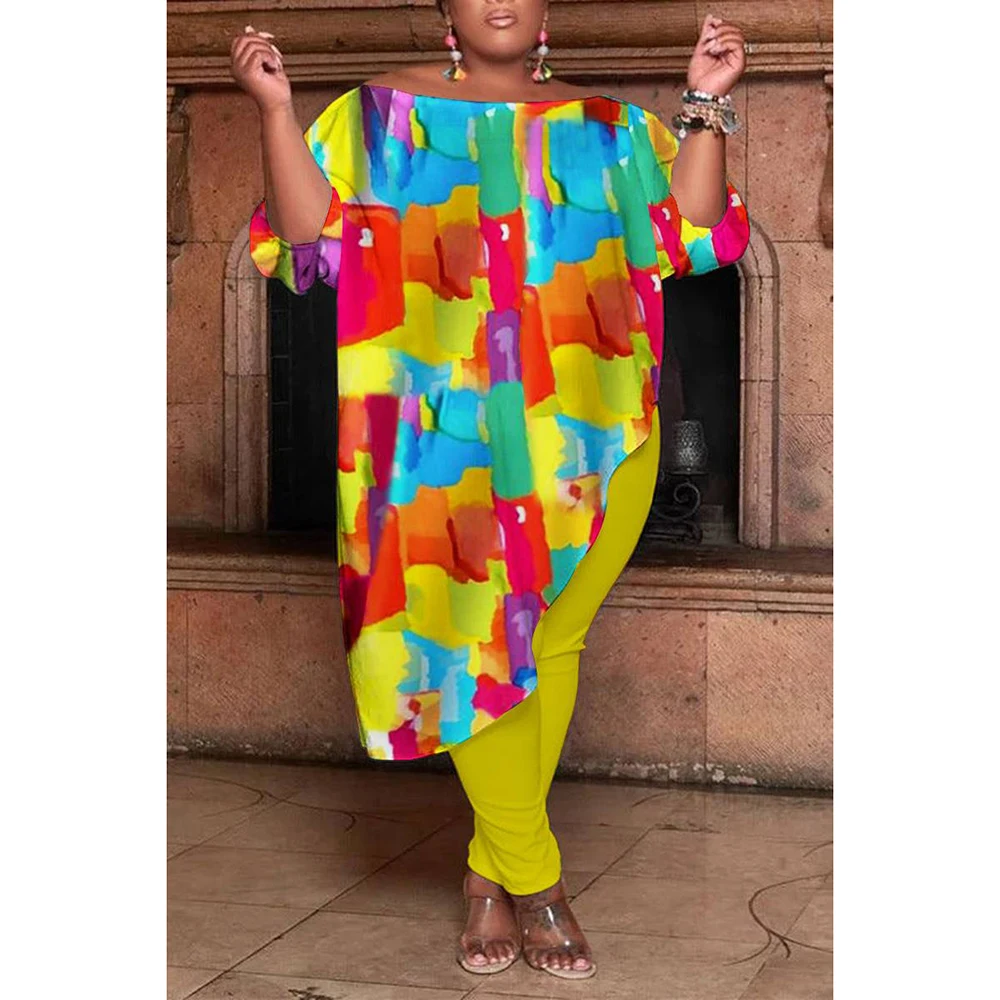

Plus Size Yellow Casual All Over Print Off The Shoulder Two Pieces Pants Set