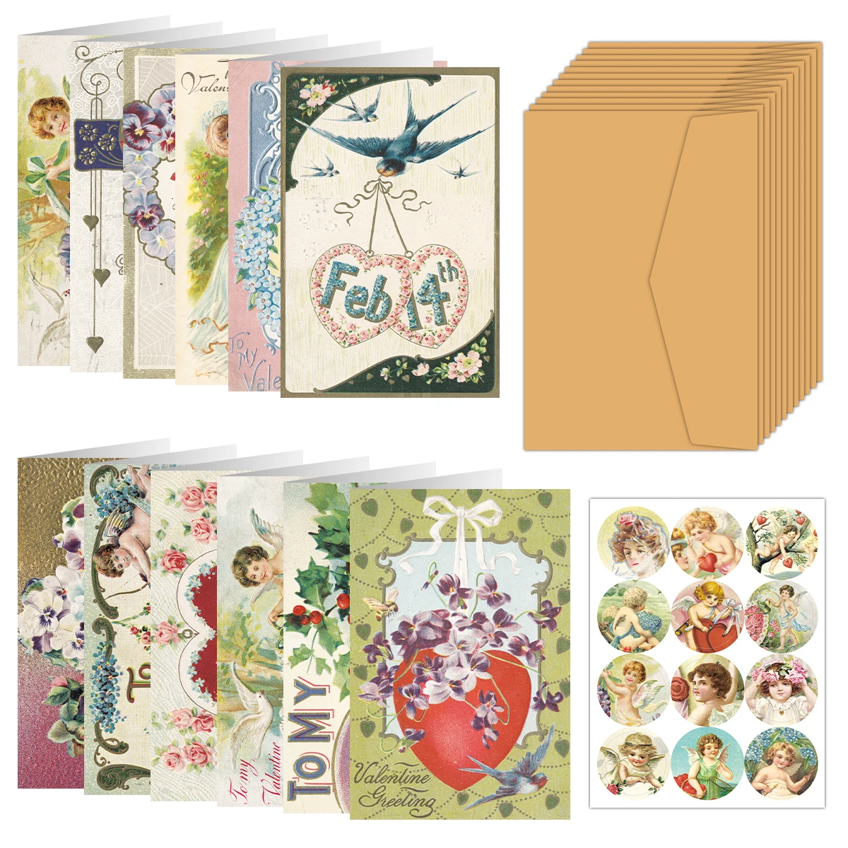 12Set Vintage Greeting Card for Valentine's Day Wedding Victorian Love Card with Envelope & Sticker Holiday Gift for Him Her