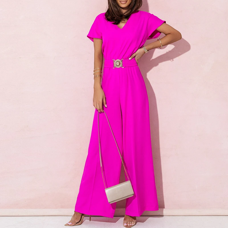 Fashion Short Sleeve Commute Wide Leg Pant Jumpsuit Casual Solid Color V Neck Loose Jumpsuit Women High Waist Temperament Romper