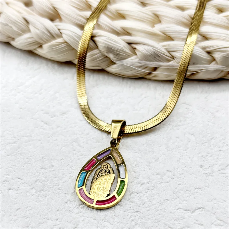 Jungfrau Maria Beten Halskette für Frauen Männer Edelstahl Emaille Gold Farbe Wassertropfen Form Guadalupe Kette Schmuck – Detail 4