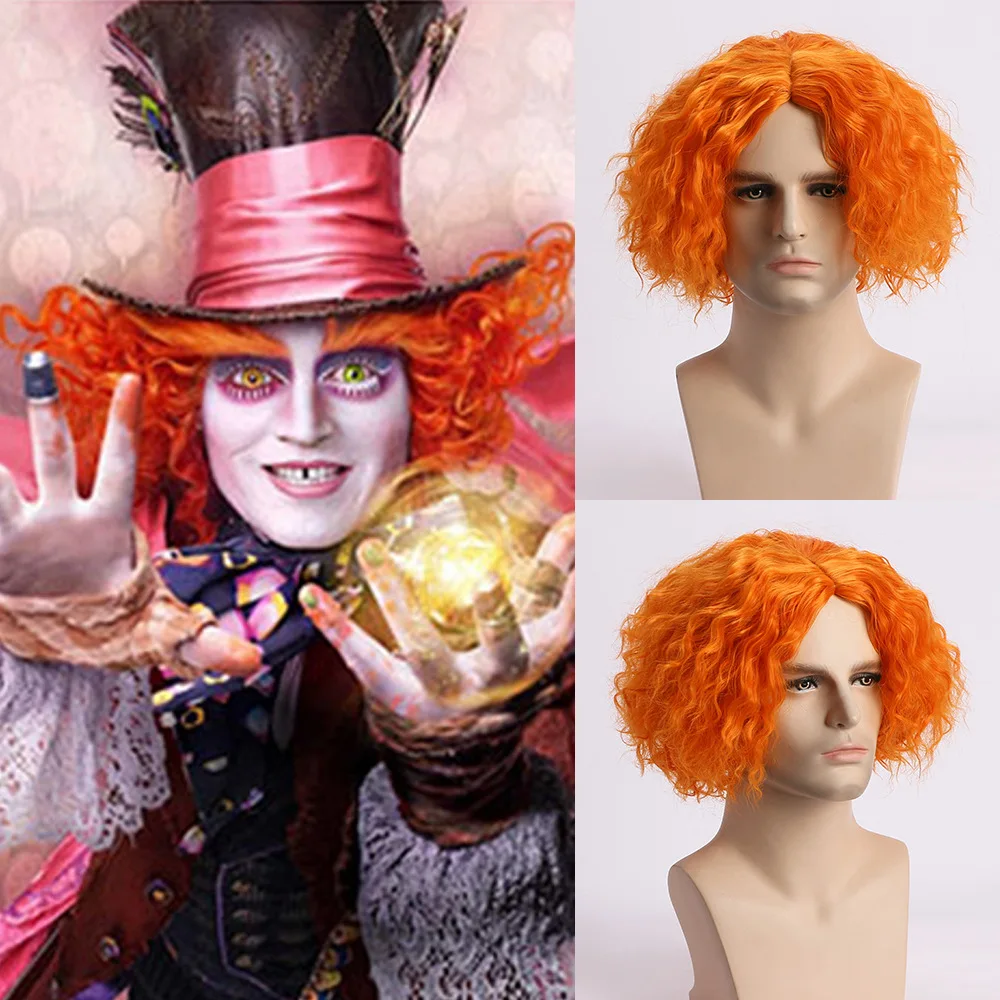 Movie Alice Wonderland 2 Mad Hatter Cosplay Wig Short Curly Synthetic Oranger Hair Halloween Carnival Party Hairwear+Wig Cap