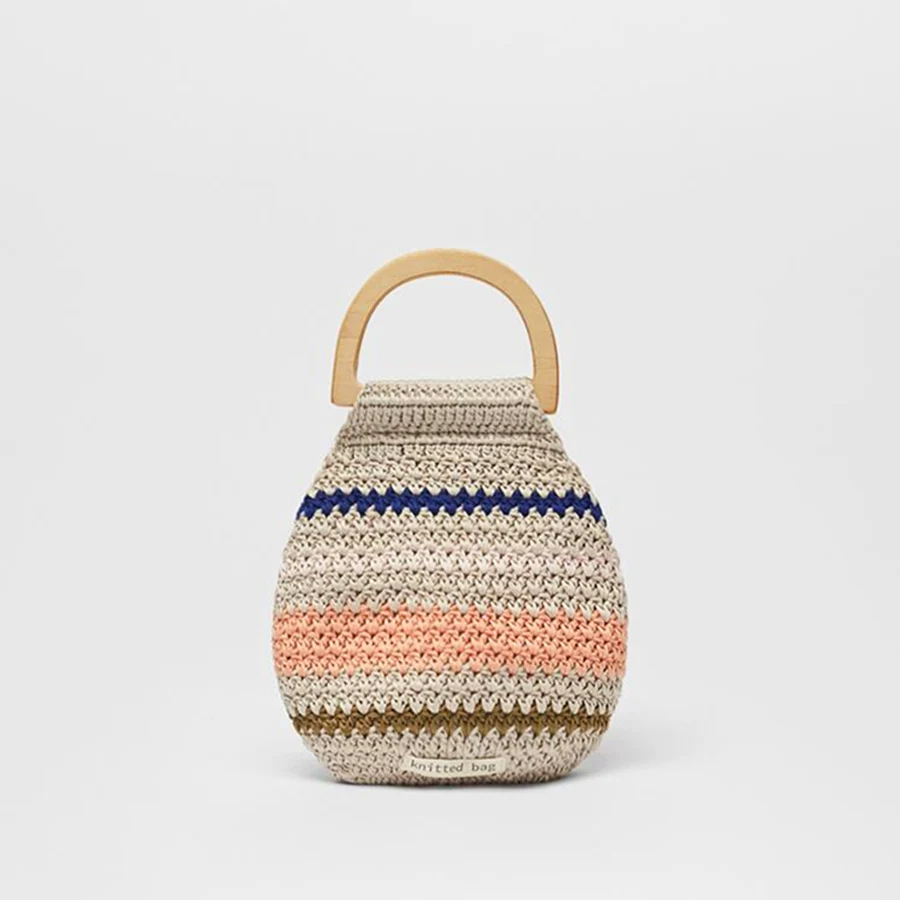 

Summer Semi-circular Wooden Handle Knitted Handbag Straw Bags for Girls Tote Bag Patchwork Rattan Crossbody Bag Beach Hand Bags