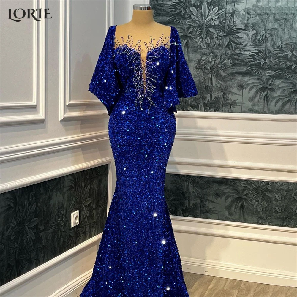 LORIE Royal Blue Glitter Mermaid Evening Dresses Cape Sleeves Sparkly Bodycon Prom Dress Shiny 2023 Bridal Celebrity Party Gowns