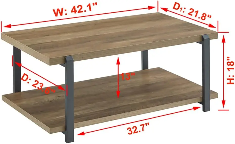 FOLUBAN Industrial Coffee Table with Shelf, Wood and Metal Rustic Cocktail Table for Living Room, Oak 2