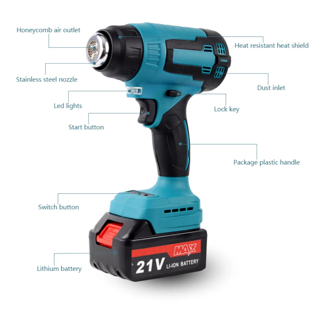 21V Electric Heat Gun Rechargeable Cordless Handheld Hot Air Gun with 3 Nozzles Home for Makita Battery Shrink wrapping Tools