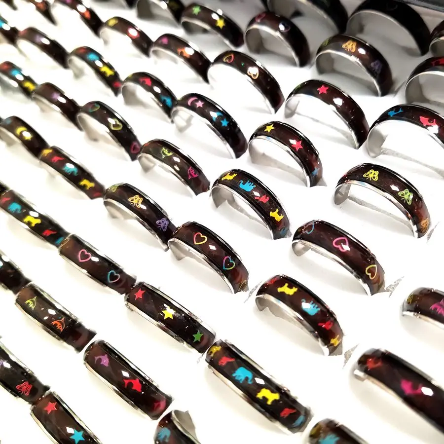 20/50/100pcs Wholesale Cute Animal Flower Mood Ring Child Temperatre Color Changing Charm Rings Grils Party Gifts 6