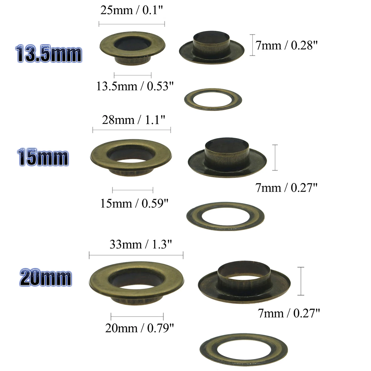 Leather Eyelets for Scrapbooking, 10,20 Sets per Pack, Outer Diameter, 28mm Internal, 15mm, High, 5.6mm, 1 Inch, Grommet