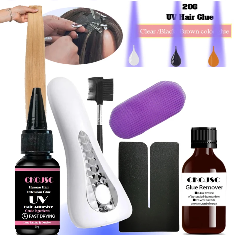 6pcs Kit Human UV Light Hair Gel Tape Hair Uv Glue 18w Uv Lamp Extension Kit Tape hair extend UV Technology glue Remover
