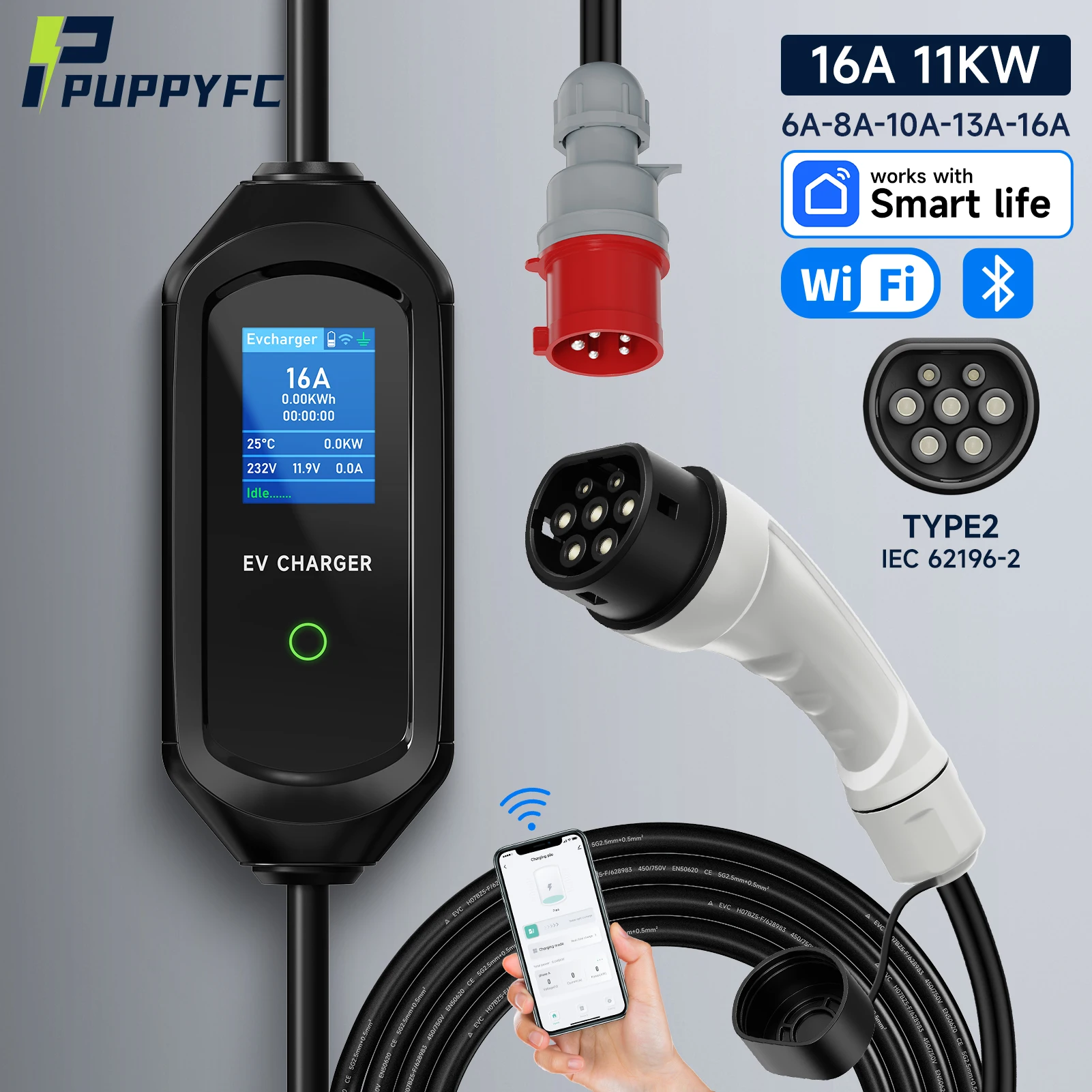 Puppyfc Portable EV Charger Type2 11KW 16A 3Phase Wallbox EVSE Fast Charging CEE Plug WiFi Bluetooth Remote Control ev charger