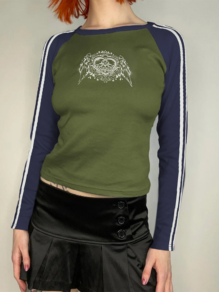 

Vintage Women T-shirt Long Sleeve Crew Neck Heart Print Contrast Color Fall Tops Streetwear for Casual Daily