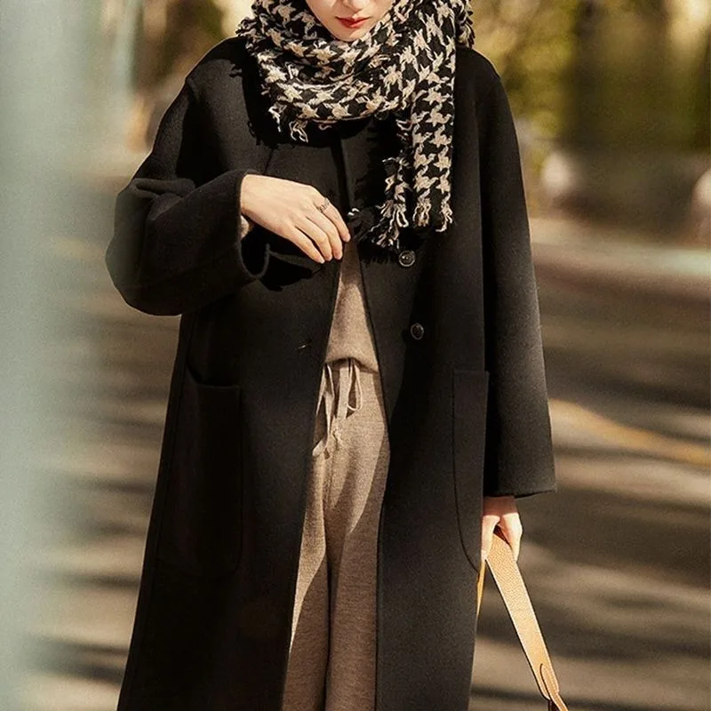 Women's Reversible Cashmere Coat, Long Loose Casual Woolen Outwear, Temperament Fashion, All-Matching, Autumn, Winter, New, 2024