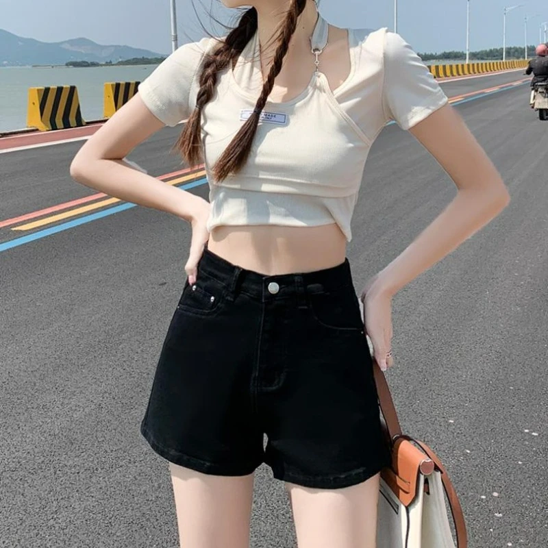 American High Street Denim Shorts Women Summer New High-waisted Loose Straight Wide-leg Solid Color Versatile Thin Jeans Female