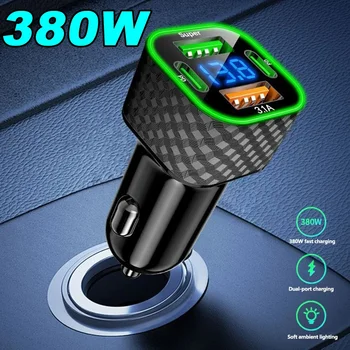 Caricabatterie per Auto 4 in 1 USB C Dual PD con Display di Tensione, Adattatore di Ricarica Super Veloce 380W per iPhone/Android/Samsung Galaxy