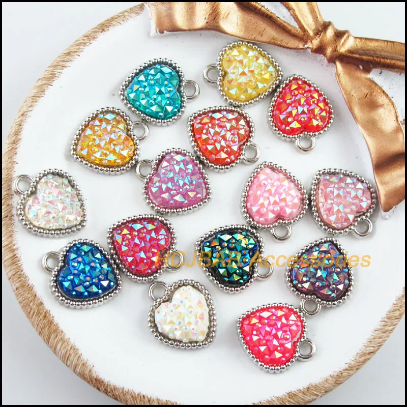 

30Pcs Dull Silver Plated Retro Mixed Heart Resin Acrylic Charms Pendants 15.5x18.5mm
