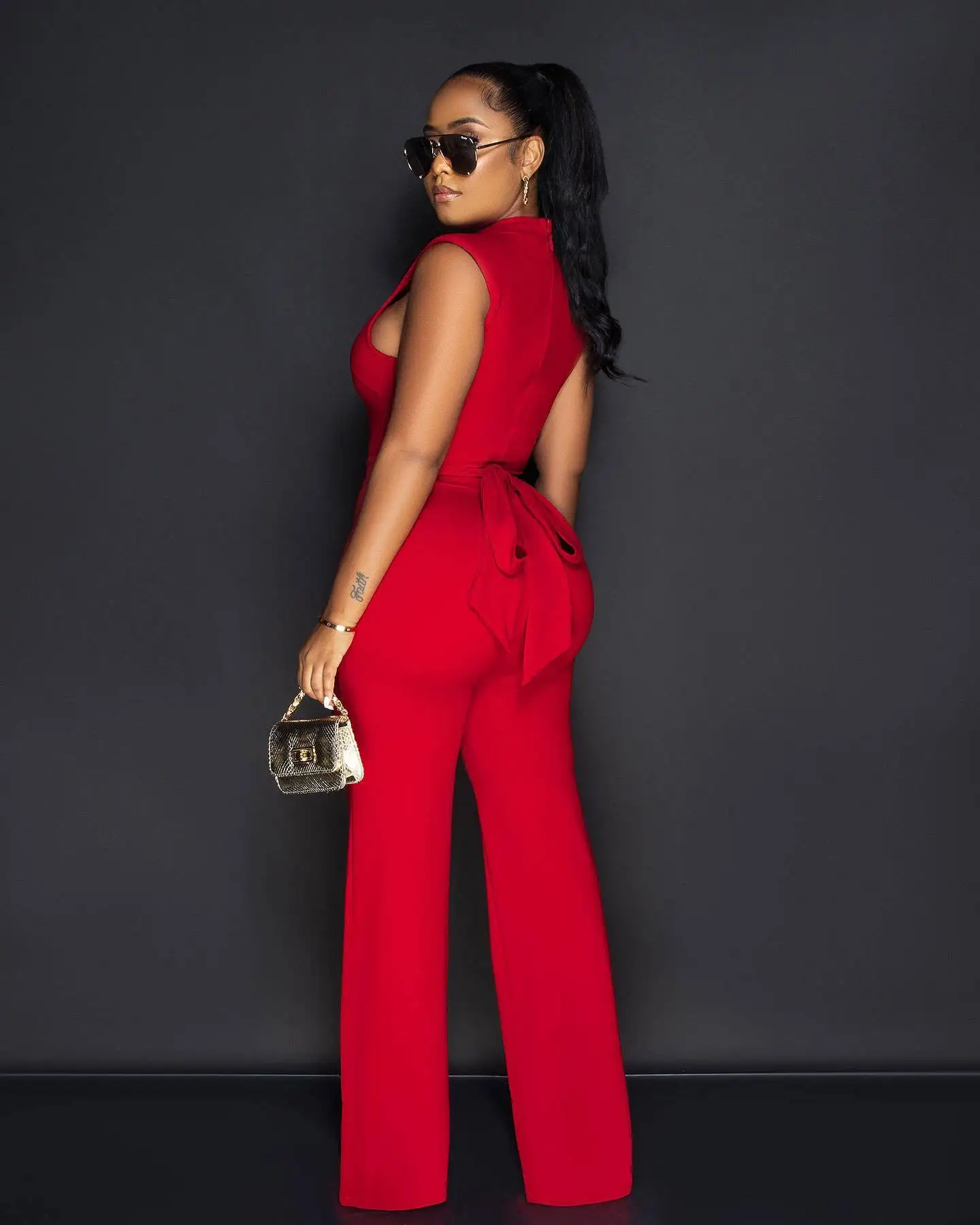Red Wide Leg Club Romper Sexy Women O-neck Elegant Chain Straight