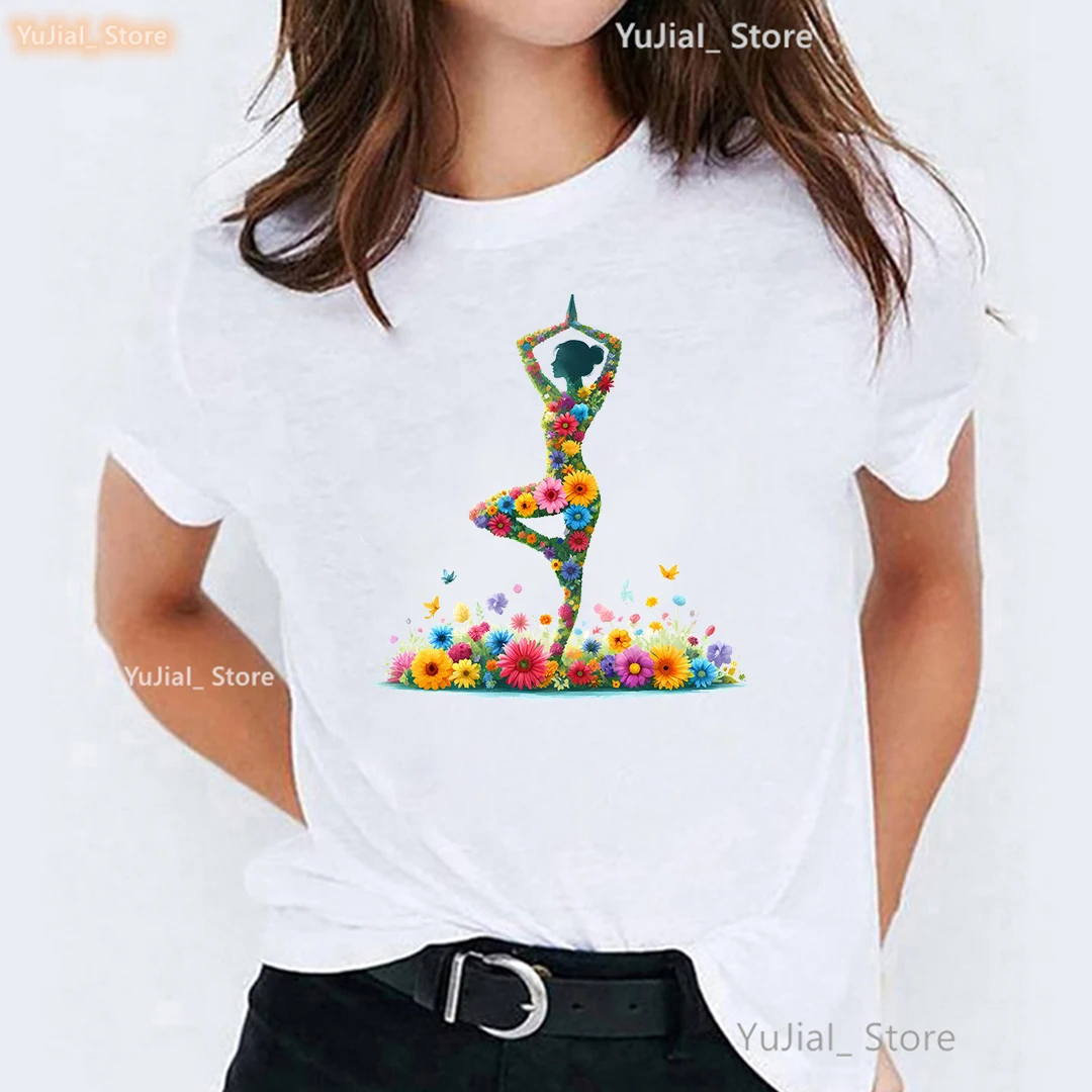 Blumen Yoga Schmetterling Druck T-Shirt Mädchen Meditation T-Shirt Frauen ästhetische Kleidung lustige T-Shirt weibliche Streetwear – Detail 8