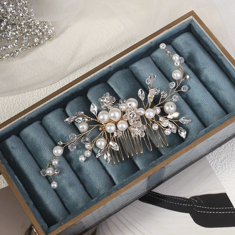 Mode Braut Perle Haarkamm Silber Gold Hochzeit Kopf bedeckung Haars pangen Kristall Perlen klassischen Schmuck Haarschmuck – Detail 7