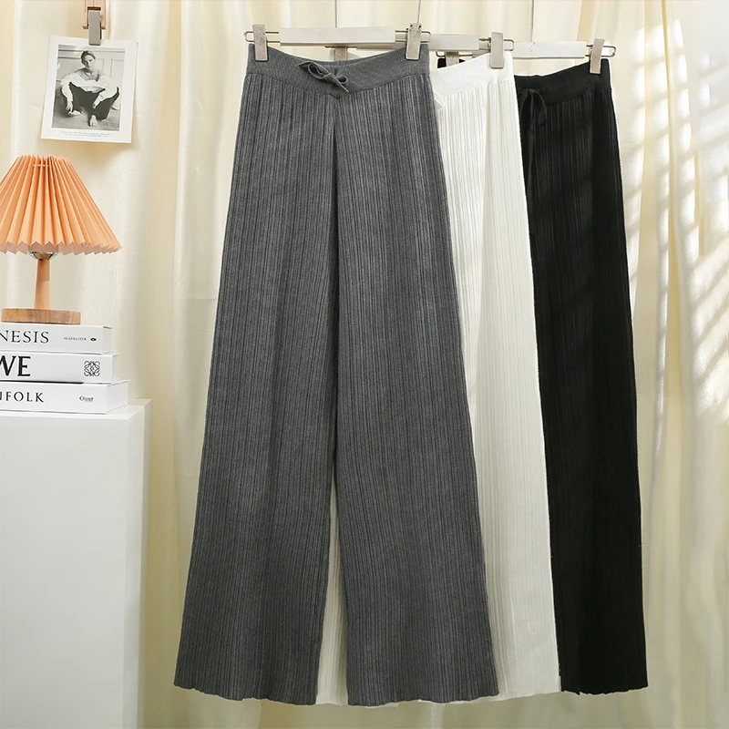 

draw string show thin elastic waist drape wide-legged pants new female loose thin knitting straight canister spring