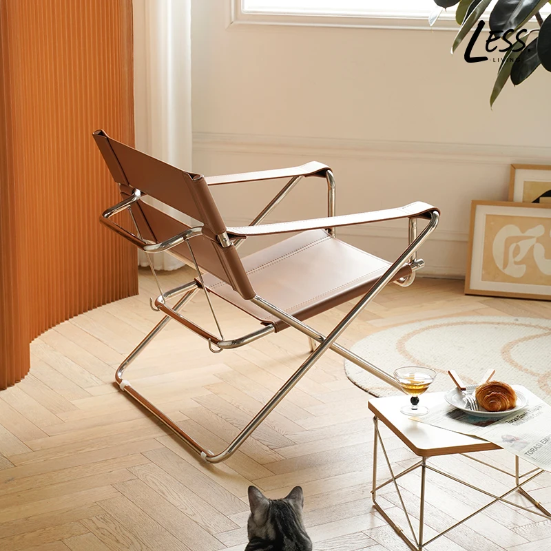 Vasily Folding Chair Leisure Lounge Single Sofa Soft Modern INS Classic Saddle Sofa Lazy Stainless Steel Chair Armchair