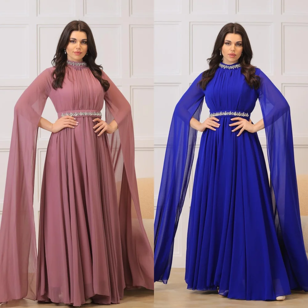 

Prom Dress Saudi Arabia Evening Jersey Sequined Beading Ruched Clubbing A-line High Collar Bespoke Occasion Gown Long Dresses