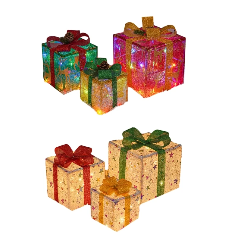 

3 Pcs Lighted Gift Boxes LED Warm Lights Christmas Present Box Glowing Ornaments