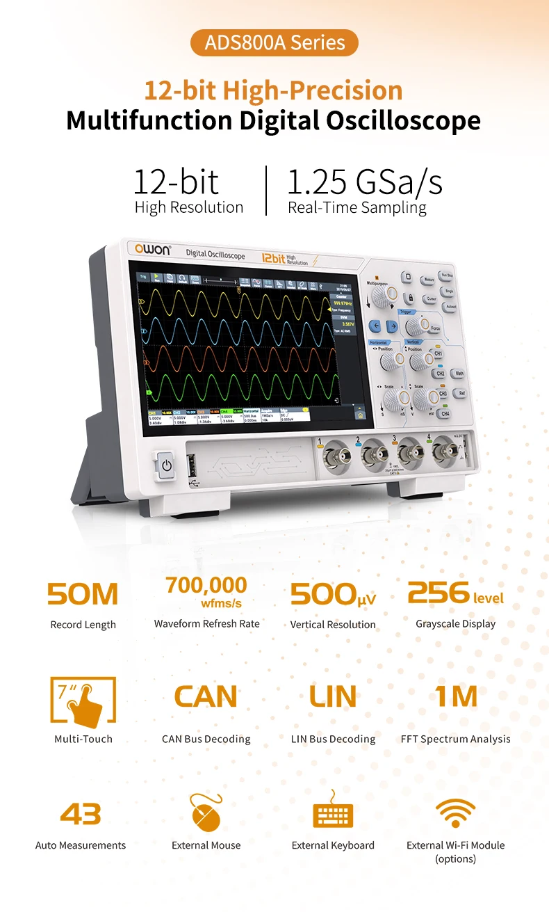 【 ADS800A】Portable Digital Oscilloscope 100MHz Bandwidth 1GSa/s 7" TFT-LCD Stora