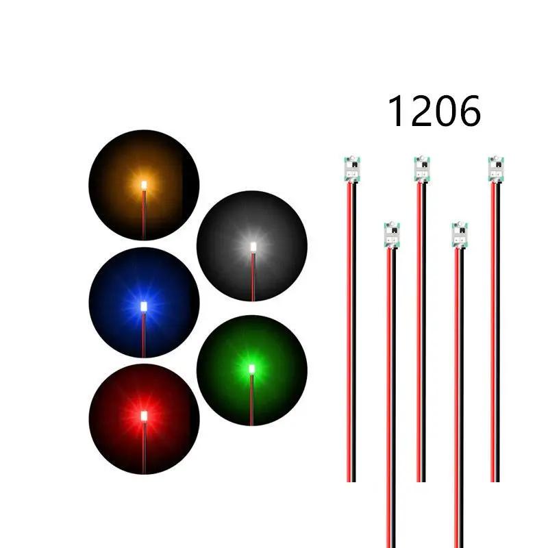 100개 사전 배선된 0402 0603/0805/1206 SMD LED 7색 3V LED 30cm 와이어 취미 모델 키트 자동차 철도 별선 조명