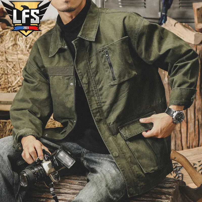 

American Classic Retro Coach Jacket Men's Autumn Style Loose Large Size Military Hunting Outdoor Workwear Denim Jacket OVERSIZE