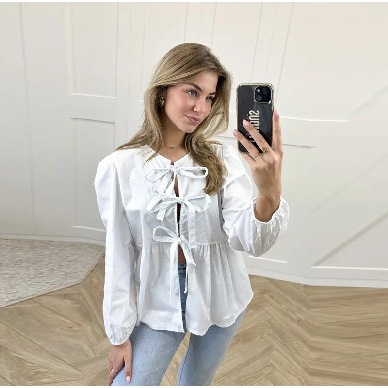 S5efec0eb12294664b91847c632c46029F Fashion Leopard Print Bow Women Shirts Casual Long Sleeve O-neck Lace Up Blouses Spring Summer Retro Hollow Out Female Top Mallzona