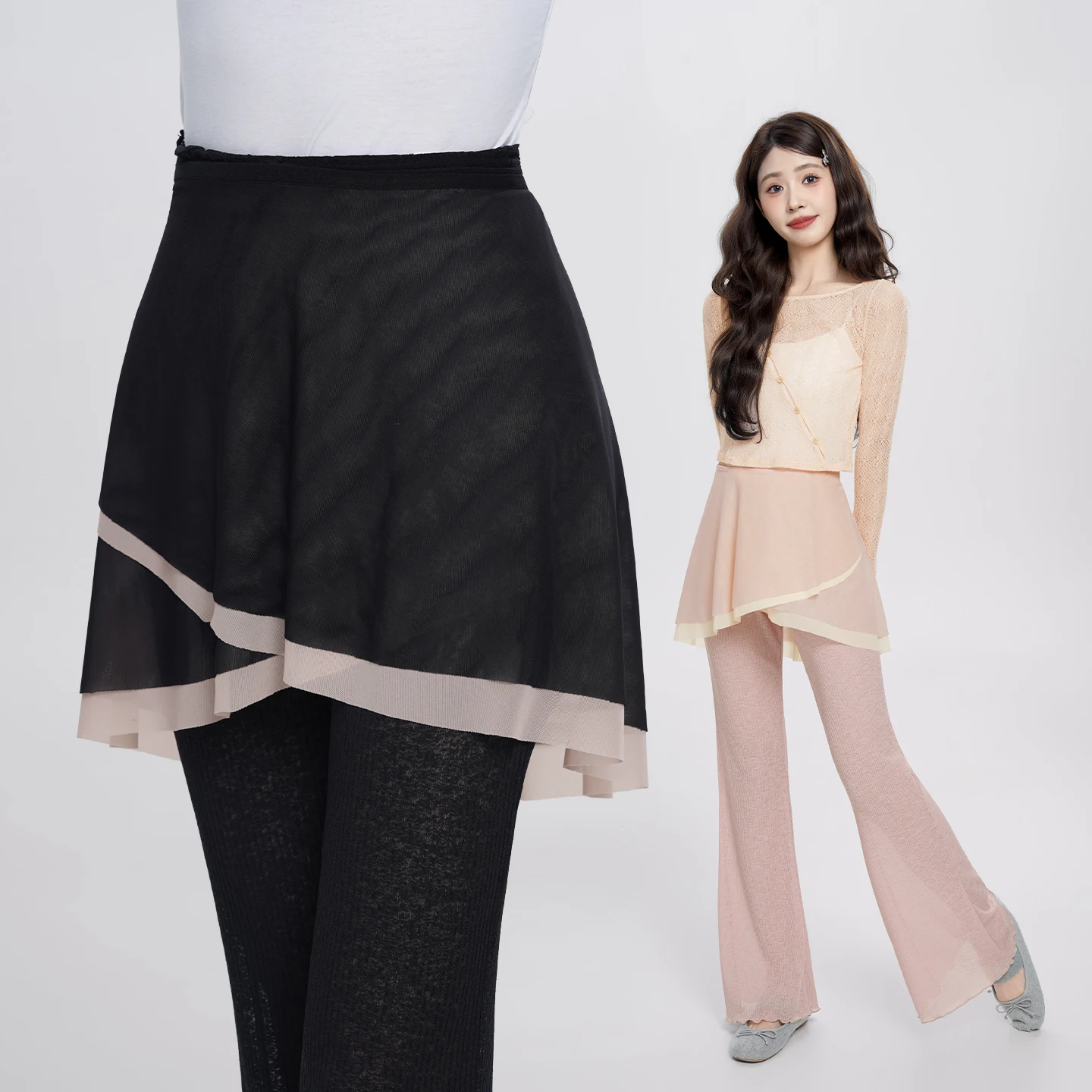 여성 발레 스커트 2겹 불규칙 댄스 스커트 성인 나일론 메쉬 레이스업 짧은 발레리나 스커트