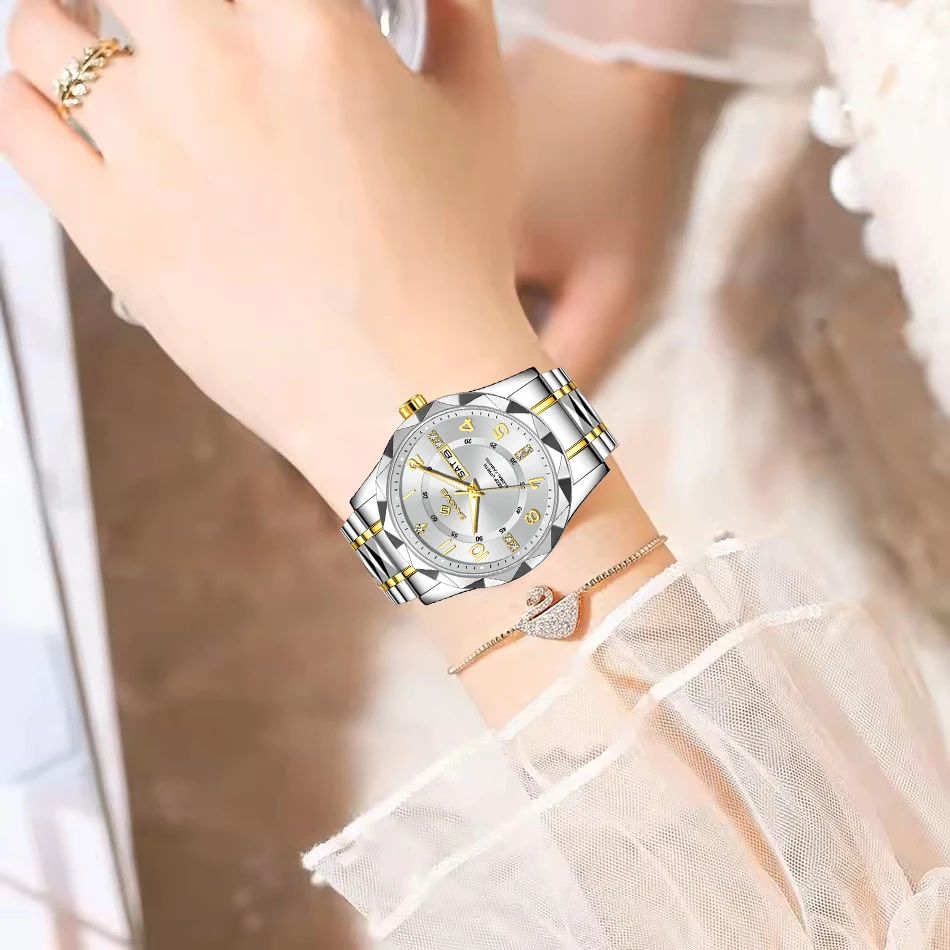 New Original BANGWEI Diamond Watch For Women Simple Round Stainless Steel Waterproof Ladies Watches Luminous Quartz Chronograph