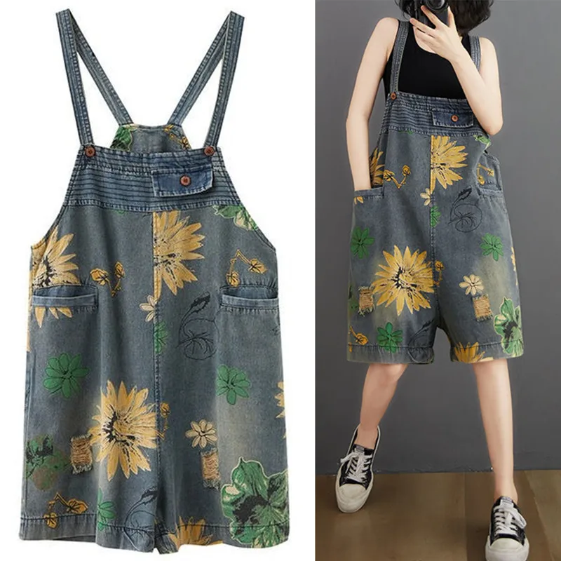 

Vintage Printed Floral Playsuits Ladies Pocket Strap Summer Jeans Shorts Wide Leg Pants Fashion Jumpsuits Denim Overalls Rompers