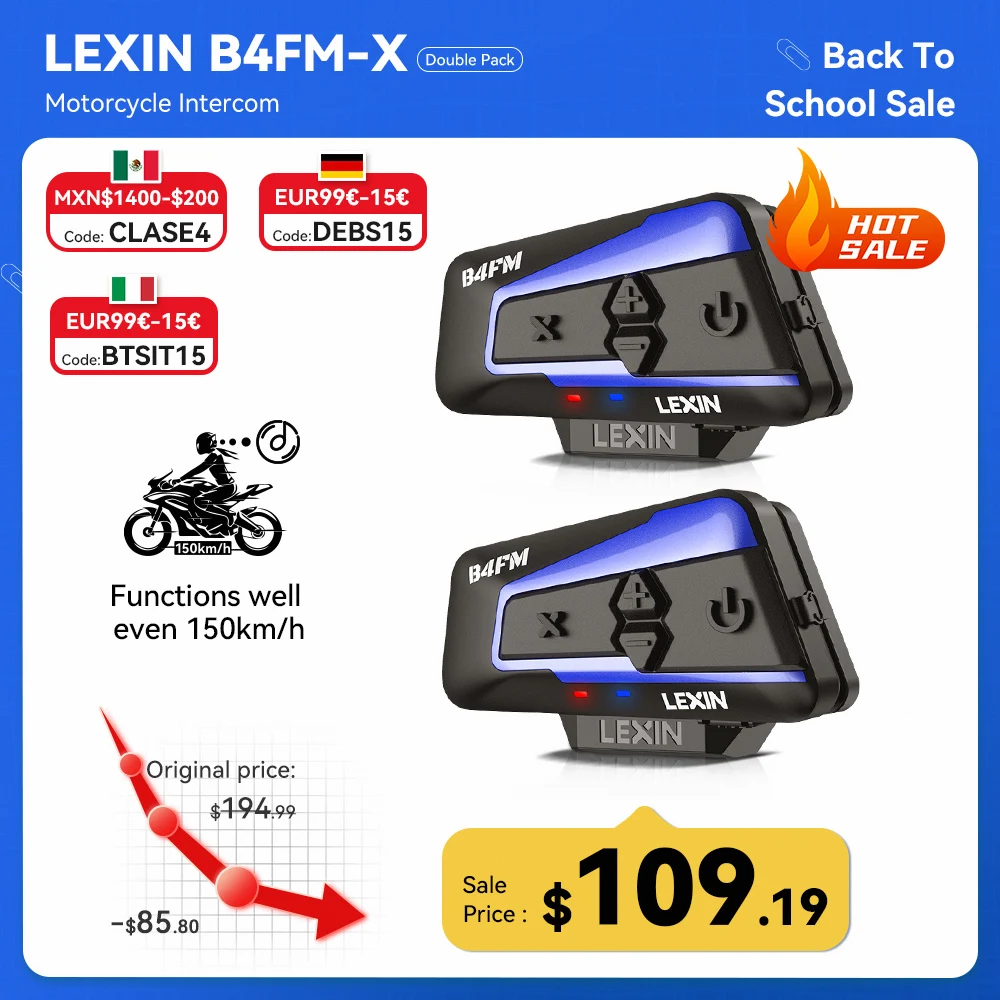 Lexin B4FM-X Bluetooth Motorcycle Intercom Helmet Headsets