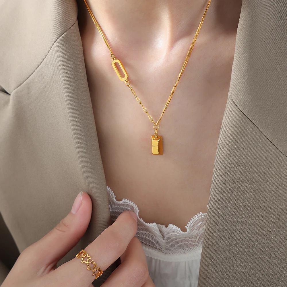 

Gold Color Small Bars Bricks Pendant Stainless Steel Necklaces For Women Link Chains Love Lettering Punk Fashion Jewelry Gift
