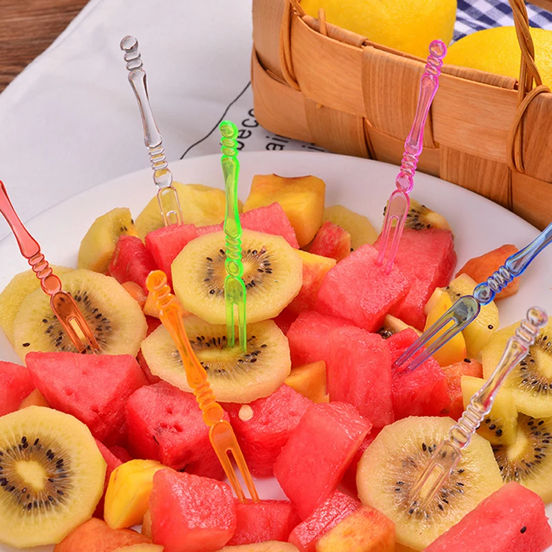Mini Color Transparent Disposable Forks For Party BBQ Sticks Picks Skewer Set Home Dining Plastic Food Cake Fruit Fork 80pcs