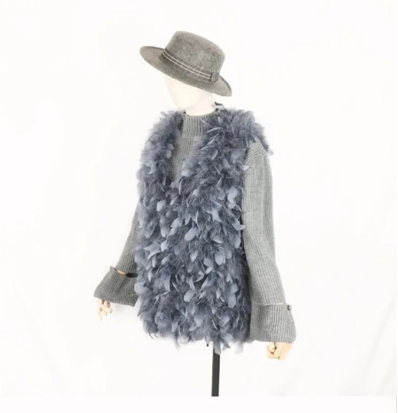 

New Winter Female Genuine Ostrich Feather Vest Coat Fluffy Fur Waistcoat Jacket Sleeveless Coat