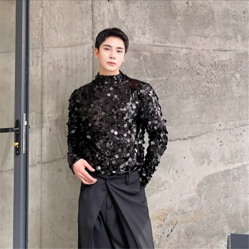 

2023 autumn Korean version of the trend sequin stand collar long sleeve T-shirt male hairstylist Plankton handsome slim top tide