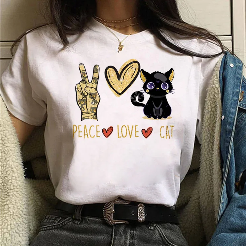 

Peace Love Cat Women T-shirt Short Sleeve Tee Tops Harajuku T Shirt Women Cute Shirt 90s Girls Female Graphic street T-shirts