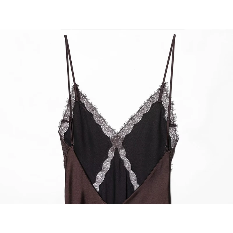 Brown Satin Sexy Lace Spliced Sling Dress Women Sleeveless Backless Party Dresses 2025 Summer Lady Robes Elegant Dress ﻿