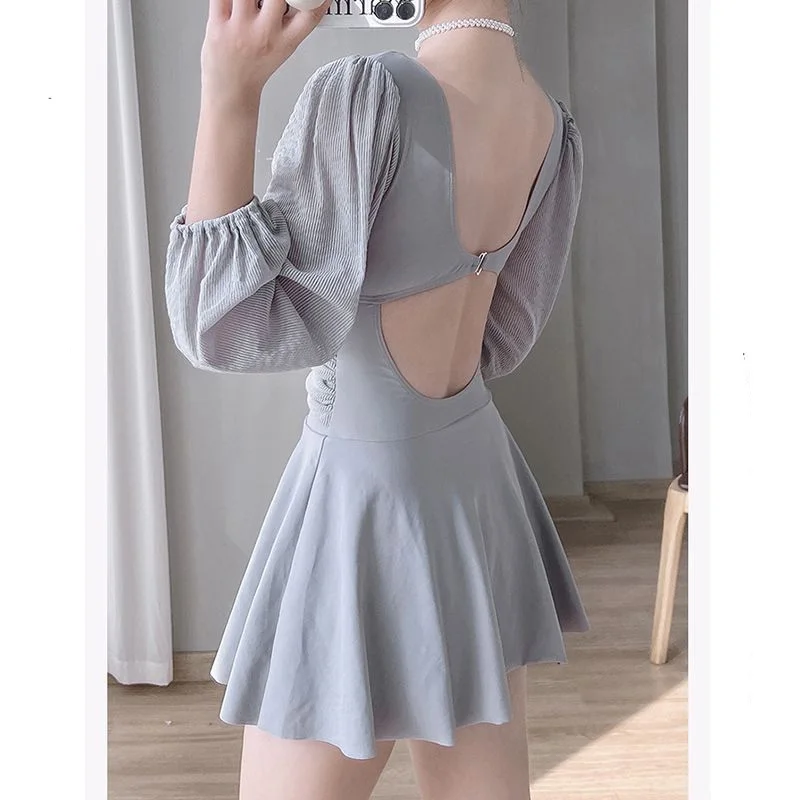 2023 Summer Beach Style Simple Square Neck Gathered High Waisted Long Sleeved Sun Protection Pure Desire Vacation Dress Swimwear